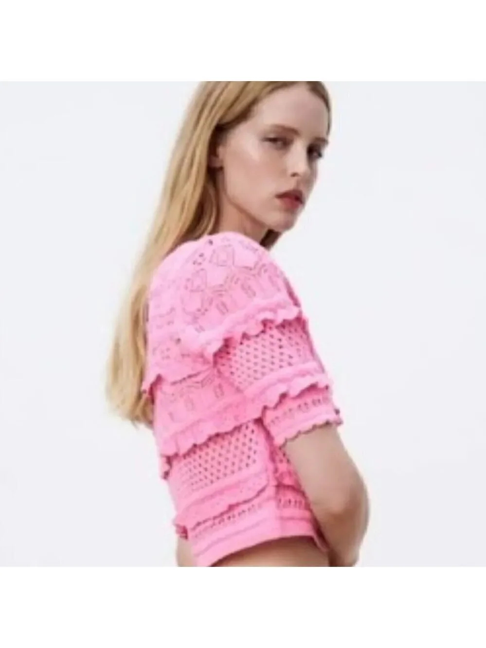 Zara | Short Sleeve Pink Lace Crochet Cardigan - Picture 9 of 11
